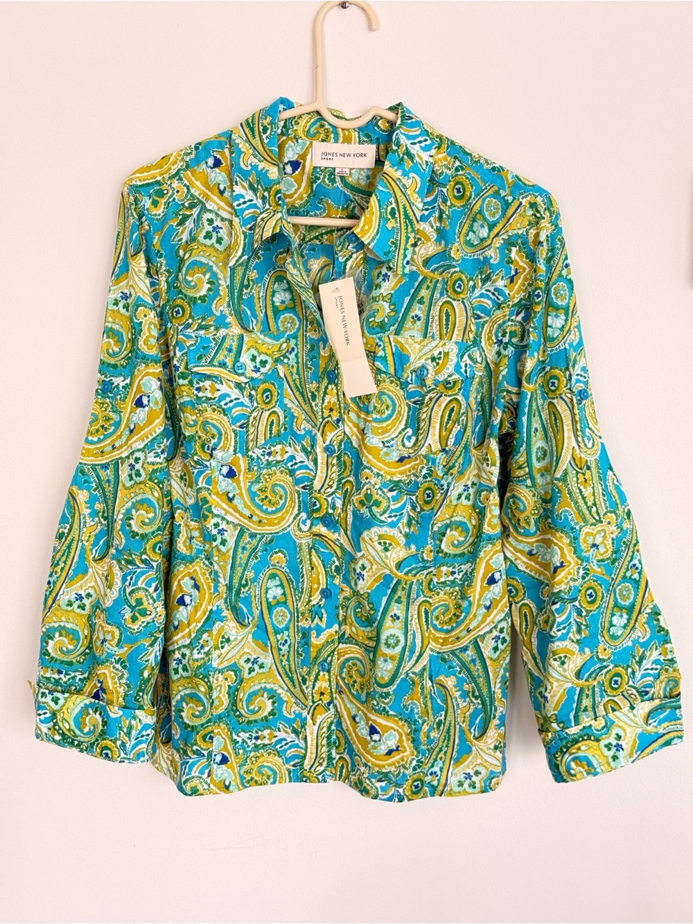 NWT Jones New York Sport Paisley Button Down Shirt Size L Roll Tab Sleeve Blue